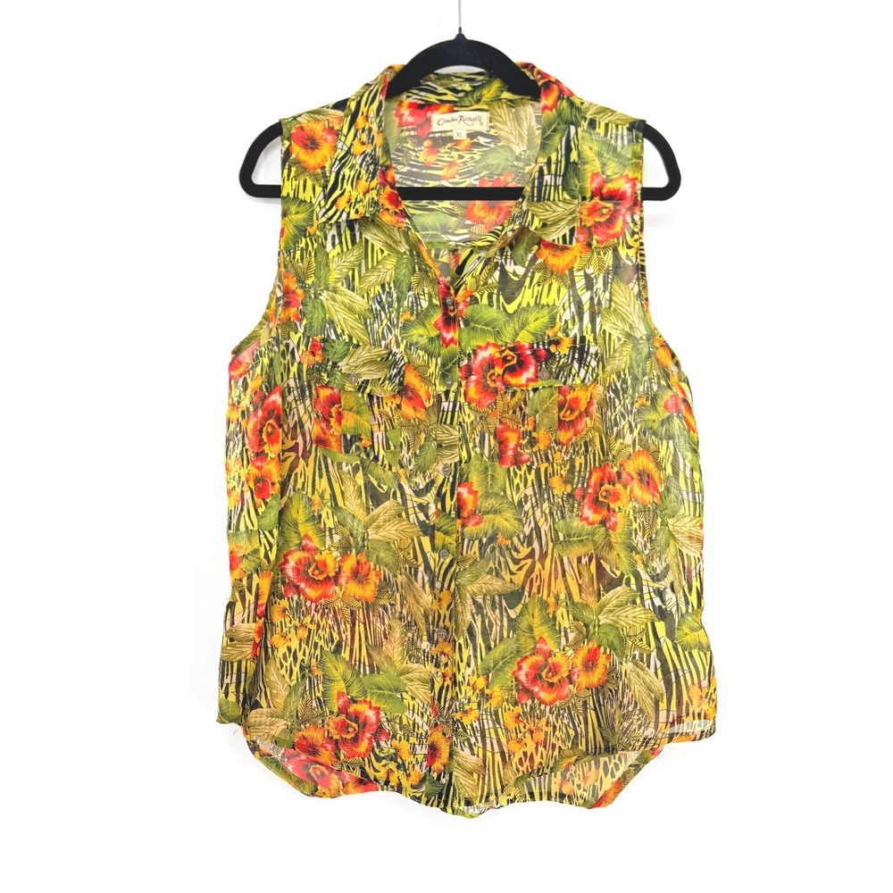 Tropical Floral Animal Sheer Print Button Up Top Womens XL Sleeveless Vacation
